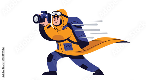Cartoon illustration of a photographer in action, capturing a moment with a large camera, wearing a yellow jacket and blue backpack, against a clean white background with a dynamic and
