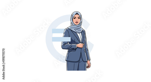 Illustration of a smiling businesswoman wearing a hijab and blue suit standing confidently with her hand on her chest against a white background