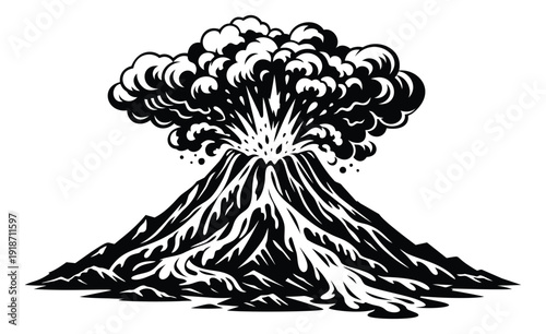 Graphic illustration of a volcano depicting an explosive eruption for natural disaster concepts