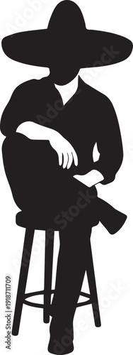 Man in wide brim hat sitting on stool silhouette vector illustration