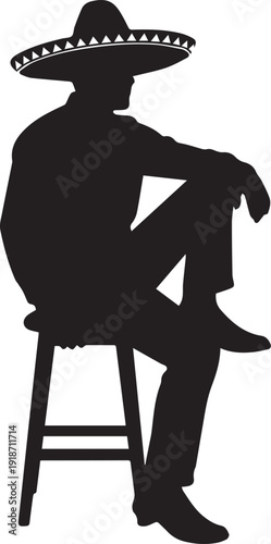 Man wearing sombrero silhouette vector illustration sitting on stool for mexican line art
