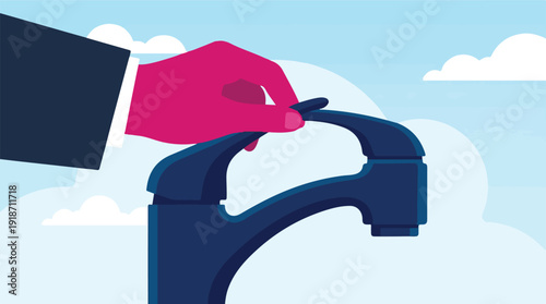 Business hand turning off a water faucet, symbolizing resource conservation