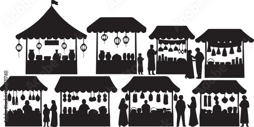 Market stalls vector illustration silhouette of bazaar tents for outdoor street line art