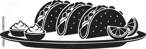 Plate of delicious tacos with lime and sauce, mexican food silhouette vector illustration