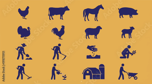 Farming and Agriculture Icons with Farm Animals and Activities