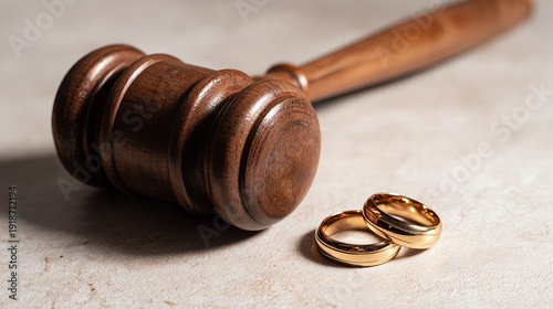 Symbol of justice with wedding rings and gavel.
