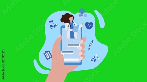 animation of consulting doctor using online through smartphone app is in palm of your hand. online doctor. online healthcare consultation. online healthcare service