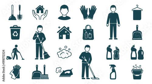 Household cleaning tools, equipment, and service flat icons set
