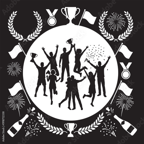 Celebration of success with a group of diverse people cheering and holding trophies, surrounded by festive elements like fireworks and champagne.