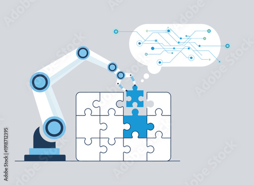 Robotic arm placing puzzle piece into a larger puzzle, concept of problem solving.