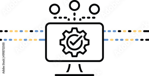 Computer screen with gear and checkmark, representing successful process or automation