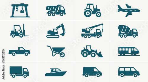 Flat design icons set of transportation, industrial and construction vehicles