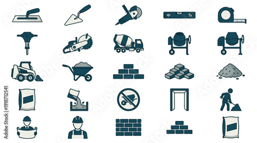 Construction industry icons: tools, equipment, materials, and workers