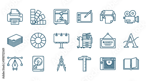 Graphic Design, Printing, and Creative Process Outline Icons Set
