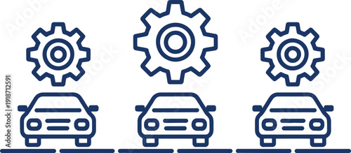 Three cars with gears above, representing automotive industry and mechanics