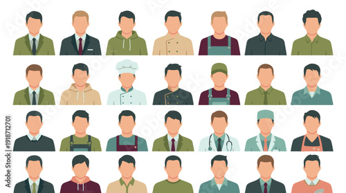 Set of diverse male professional avatars for various occupations