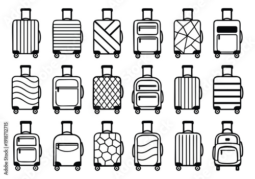 Line art luggage set featuring various designs and patterns for travel and tourism concepts