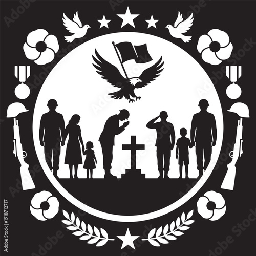 Memorial illustration honoring fallen soldiers with symbols of peace, remembrance, and patriotism.
