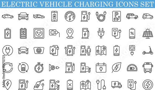 Electric vehicle charging icons set, EV energy symbols collection, transportation power technology illustration, clean mobility interface elements, modern outline design