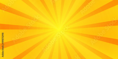 Dynamic anime explosion background with radial comic speed lines and halftone dots - bright burst effect radiating from center for manga panels, action scenes, superhero graphics or retro pop art.