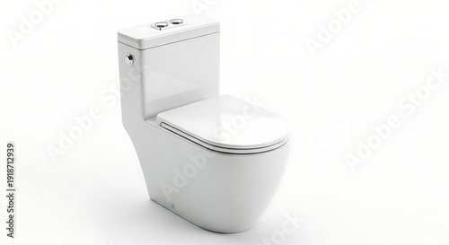 White ceramic toilet bowl with dual flush button isolated on white background represents modern bathroom plumbing fixtures and hygienic sanitary ware for households