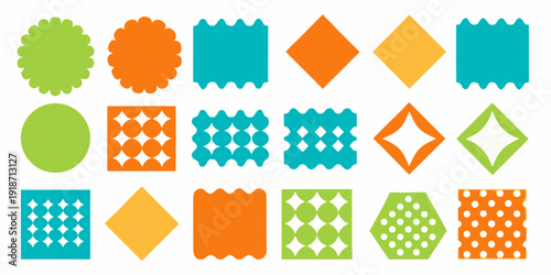 Colorful geometric shapes arranged in rows and columns on a white background