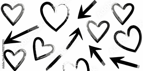 Collection of hand drawn hearts and arrows on a white background