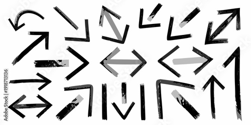 Abstract arrangement of black arrows and angled lines on a white background