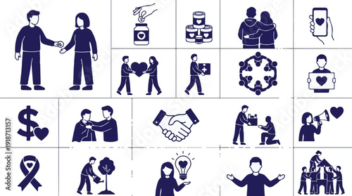 Charity, Volunteering, and Social Support Icons Set