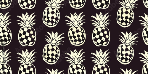 Seamless pattern featuring hand drawn pineapples on a dark background