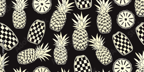 Seamless pattern of sketched pineapples and halved fruit on black