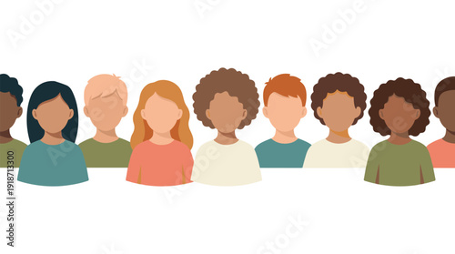 Diverse group of multi-ethnic children in a line, flat design illustration