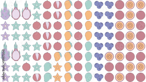Seamless pattern with various colorful tropical and berry fruits