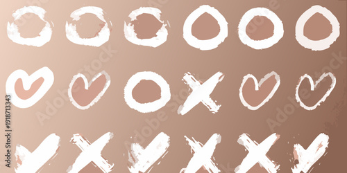 Abstract white shapes and doodles on a warm brown background