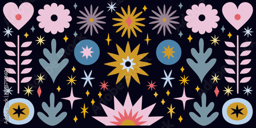 Colorful floral pattern with stylized shapes and scattered sparkling accents