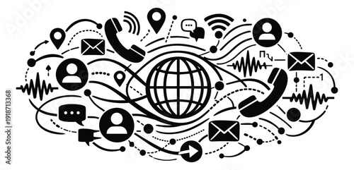 Modern line art digital communication icons set featuring a globe, phones, emails and user profiles for global networking