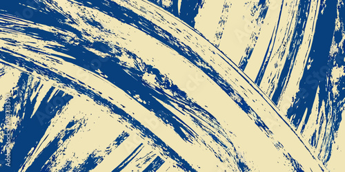 Abstract brushstrokes in shades of blue and beige create a dynamic pattern