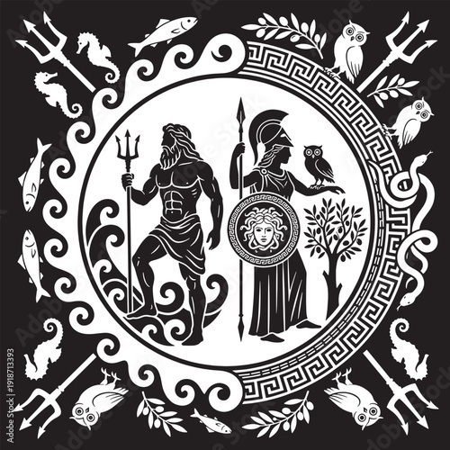 Ancient Greek Gods Poseidon and Athena in Circular Emblem with Mythological Symbols.