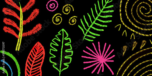 Colorful chalk drawings of leaves spirals and abstract botanical shapes