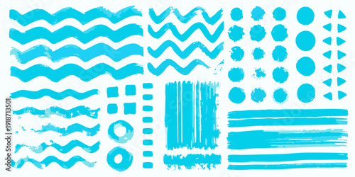 Abstract turquoise brushstrokes and geometric shapes on a white background