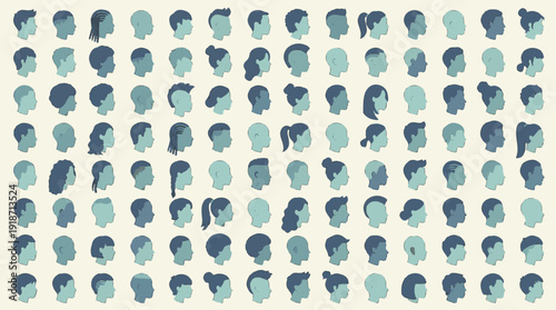 Diverse human head profiles with various hairstyles in a seamless pattern
