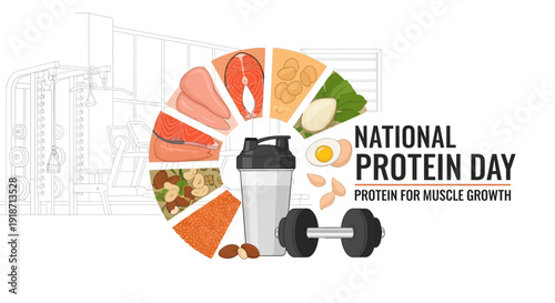 Illustration for National Protein Day, highlighting protein rich foods and muscle growth with a blender and dumbbells