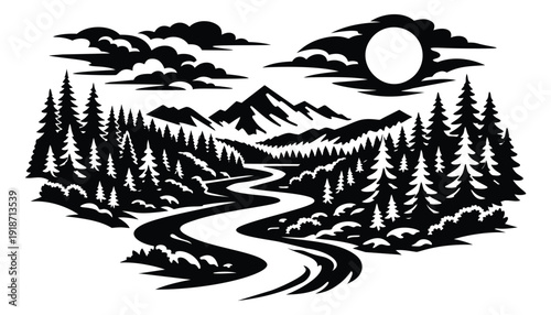 Silhouette illustration of a natural landscape depicting mountains, a winding river, and a full moon for adventure and wilderness themes