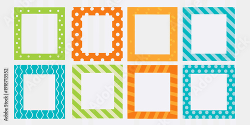 Colorful square frames with various patterns arranged in a grid
