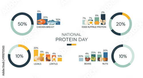 Infographic illustration for National Protein Day in the USA, highlighting protein rich foods and macronutrient intake for a balanced diet and nutritional awareness with international