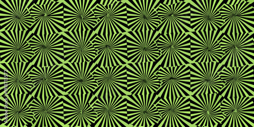 Hypnotic green and black optical illusion with repeating starburst patterns