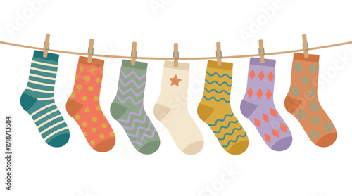 Colorful Patterned Socks Drying on a Clothesline with Clothespins