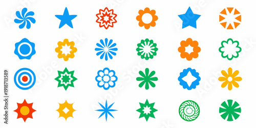 Colorful collection of various stylized star and floral shaped icons
