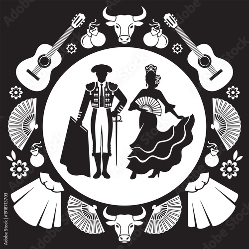 Traditional Spanish Flamenco Dancers and Matador with Guitars and Bulls Emblem.