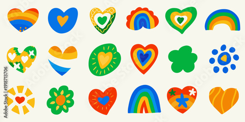 Colorful collection of heart and rainbow shaped icons on a light background